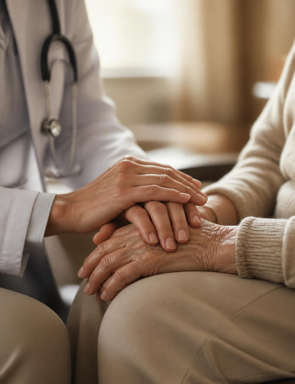 A provider's hands resting over an older patient's hands during a neurology visit