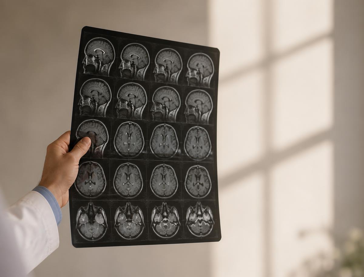 A neurologist reviewing brain MRI films